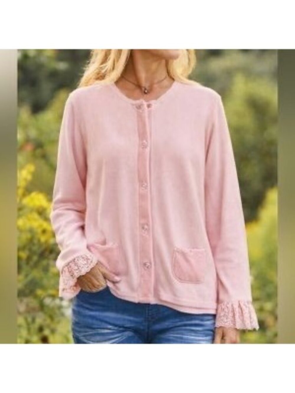 April Cornell Ruffle Cuff Button Down Cardigan Pink Size S Cottagecore Coastal